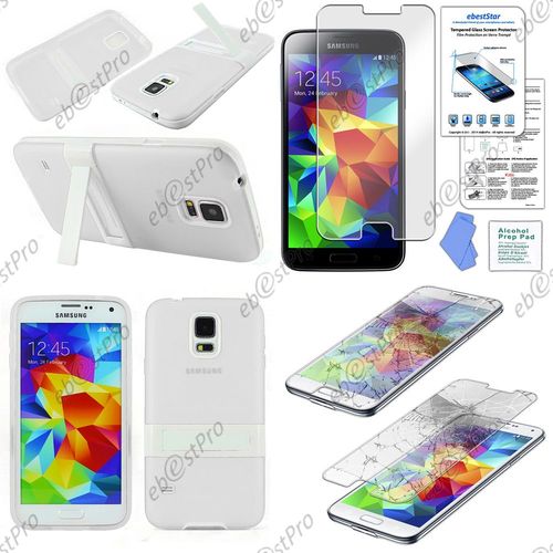 Ebeststar ® Pour Samsung Galaxy S5 Sm-G900f, G900, G900h Housse Support Stand Béquille Etui Coque Silicone Gel Tpu, Couleur Blanc + Film Verre Trempé
