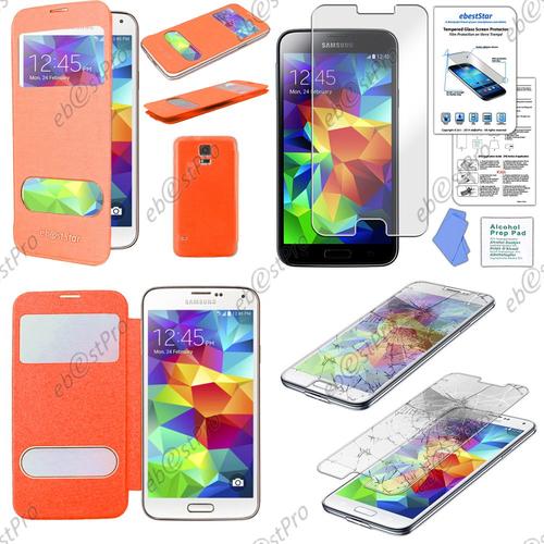 Ebeststar ® Housse Coque Etui Smart View Cover Type S-View Portefeuille Livre Pour Samsung Galaxy S5 Sm-G900f, G900, G900h, Couleur Orange + Film Verre Trempé