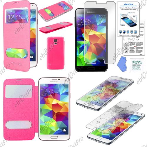 Ebeststar ® Pour Samsung Galaxy S5 Sm-G900f, G900, G900h Housse Pochette Protection Coque Type S-View Portefeuille Livre, Couleur Rose + Film Verre Trempé