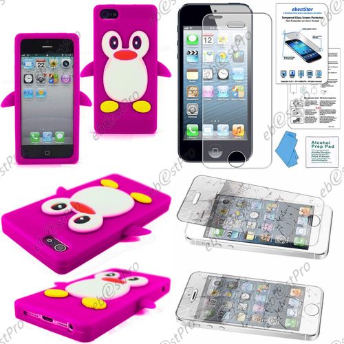 Ebeststar® Film Verre Trempé + Housse Silicone Souple Etui Coque Design Pingouin Pour Apple Iphone 5s, 5, Couleur Violet