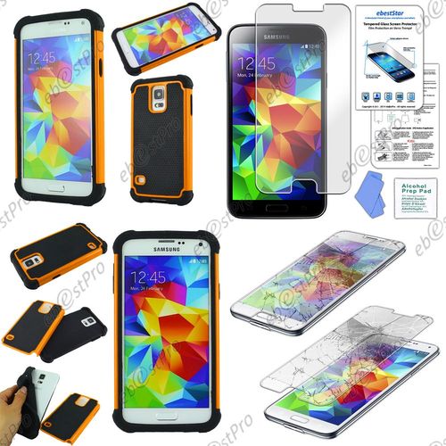 Ebeststar® Film Verre Trempé + Deux Couches De Protection Etui Housse Coque Duo En Silicone Et Polycarbonate Pour Samsung Galaxy S5 Sm-G900f, G900, G900h, Couleur Orange