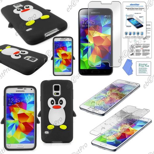 Ebeststar ® Pour Samsung Galaxy S5 Sm-G900f, G900, G900h Coque Pingouin Silicone Souple Etui Housse Design Fun, Couleur Noir + Film Verre Trempé