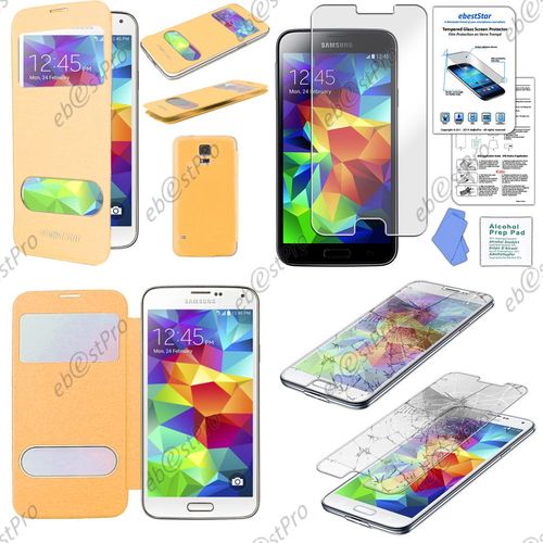 Ebeststar ® Housse Coque Etui Smart View Cover Type S-View Portefeuille Livre Pour Samsung Galaxy S5 Sm-G900f, G900, G900h, Couleur Jaune + Film Verre Trempé
