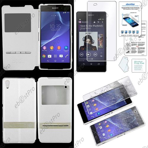 Ebeststar ® Pour Sony Xperia Z2 D6502, D6503, D6543 Housse Pochette Protection Coque Type S-View Portefeuille Livre, Couleur Blanc + Film Verre Trempé