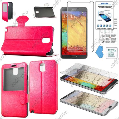 Ebeststar ® Coque Etui Flip View Cover Housse Portefeuille Grande Fenêtre Pour Samsung Galaxy Note 3 Gt-N9000, N9002, N9005, Couleur Rose + Film Verre Trempé