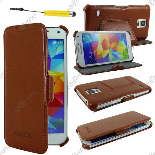 Ebeststar ® Housse Etui Cuir Pu Luxe Avec Support Stand Pour Samsung Galaxy S5 Sm-G900f, G900, G900h, Couleur Marron + Mini Stylet + 1 Film Protection D'écran + Lingette