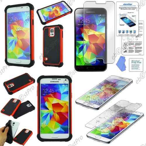 Ebeststar ® Pour Samsung Galaxy S5 Sm-G900f, G900, G900h Coque Duo En Silicone Et Polycarbonate Rigide Deux Couches De Protection Etui Housse, Couleur Rouge + Film Verre Trempé
