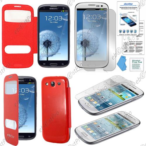 Ebeststar® Film Verre Trempé + Housse Pochette Protection Coque Etui Type S-View Pour Samsung Galaxy S3 I9300 I9305, Couleur Rouge