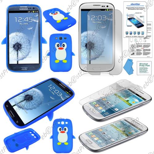 Ebeststar ® Pour Samsung Galaxy S3 I9300 I9305 Coque Pingouin Silicone Souple Etui Housse Design Fun, Couleur Bleu + Film Verre Trempé