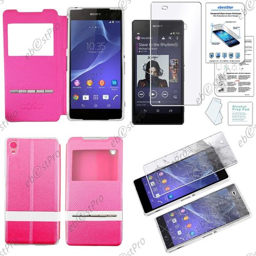 Ebeststar® Film Verre Trempé + Housse Pochette Protection Coque Etui Type S-View Pour Sony Xperia Z2 D6502, D6503, D6543, Couleur Rose