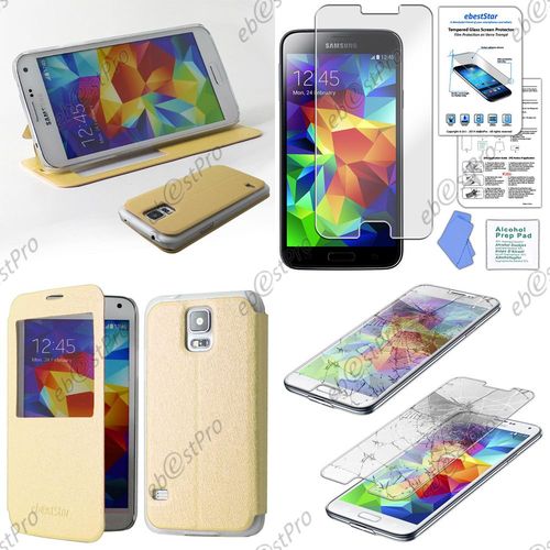 Ebeststar® Film Verre Trempé + Etui Flip View Cover Housse Portefeuille Coque Pochette Fenêtre Transparente Pour Samsung Galaxy S5 Sm-G900f, G900, G900h, Couleur Jaune