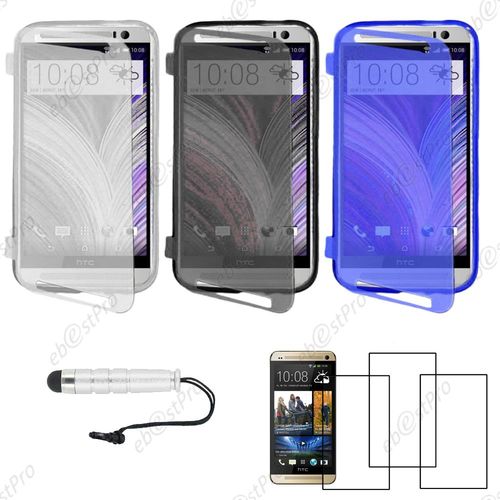 Ebeststar ® Lot X3 Housse Etui Coque Portefeuille Livre Silicone Gel Pour Htc One M8 2014, Couleur Transparent, Noir, Bleu + Mini Stylet 3 Film