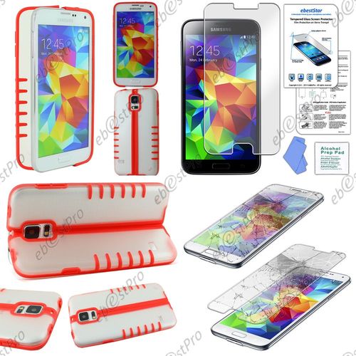 Ebeststar ® Coque Pliable Hybride Rigide Cristal - Silicone Gel Tpu Support Pour Samsung Galaxy S5 Sm-G900f, G900, G900h, Couleur Rouge + Film Verre Trempé