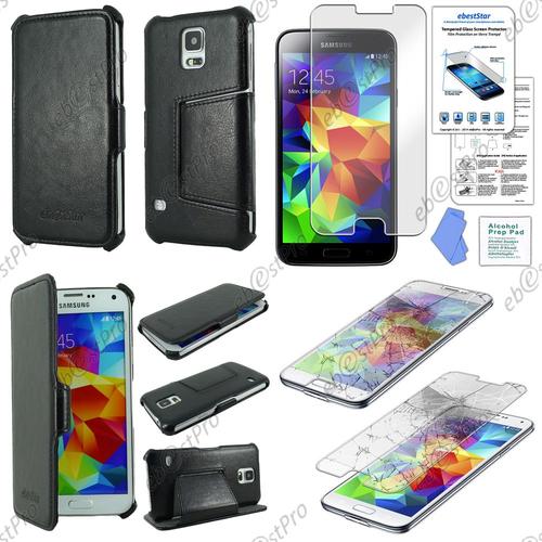 Ebeststar ® Pour Samsung Galaxy S5 Sm-G900f, G900, G900h Etui Coque Housse Cuir Pu Avec Support Stand, Couleur Noir + Film Verre Trempé