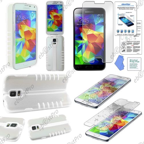 Ebeststar ® Pour Samsung Galaxy S5 Sm-G900f, G900, G900h Etui Housse Coque Stand Pliable Hybride Rigide Crystal Silicone Gel, Couleur Blanc + Film Verre Trempé
