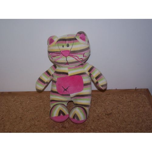 Doudou Chat Orchestra Rayé Jaune Blanc Rose Beige Poche Rose