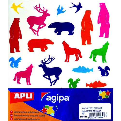Agipa Lot De 3 Pochettes De 2 Feuilles 210x240 Mm De Gommettes "Animaux" Couleur Assorties