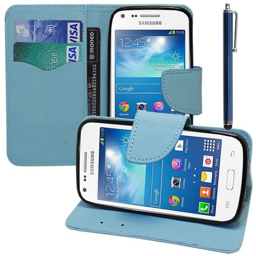 Etui Portefeuille Pour Samsung Galaxy Core Plus G3500/ Trend 3 G3502 Support Video Cuir Pu Effet Tissu - Bleu + Stylet