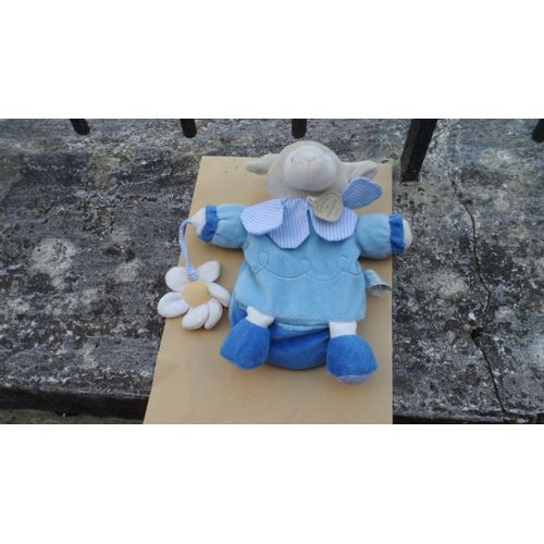 Doudou Mouton De Couleur Bleu Bleu Ciel Et Bleu Fonce Colerette Rayer Blanche Cet Un Doudou Marionette