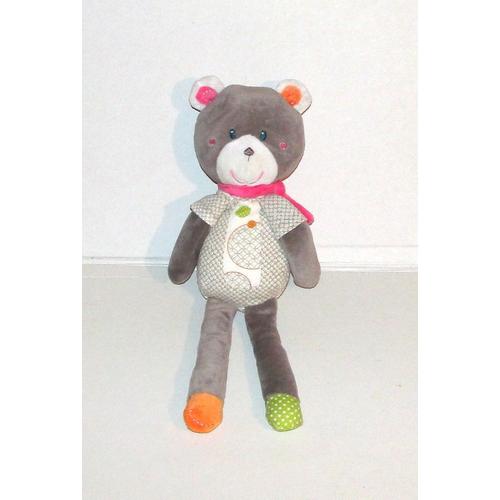 Doudou Peluche Ours Ourson Nicotoy Gris Orange Vert Blanc Écharpe Rose 31 Cm