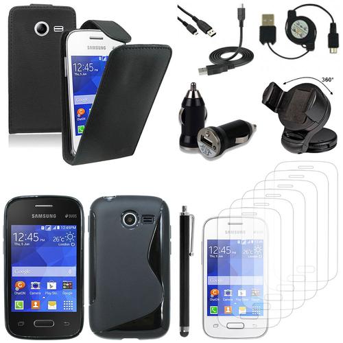 Samsung Galaxy Pocket 2/ Pocket 2 Duos Sm-G110b Sm-G110b/Ds Sm-G110h Sm-G110m: Lot Etui Housse Coque Pochette Accessoires Silicone Gel Support Chargeur Voiture Films Stylet Simili Cuir - Noir