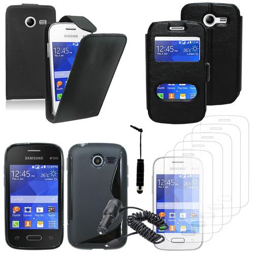 Samsung Galaxy Pocket 2/ Pocket 2 Duos Sm-G110b Sm-G110b/Ds Sm-G110h Sm-G110m: Lot Coque Etui Housse Pochette Accessoires Silicone Gel Films Stylet Chargeur Voiture Simili Cuir S-View - Noir