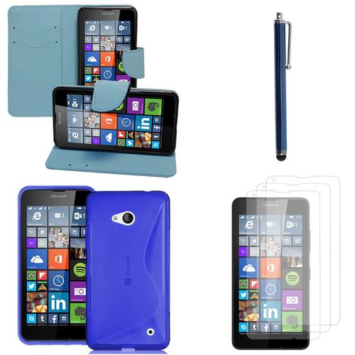 Microsoft Nokia Lumia 640 Lte/ 640 Lte Dual Sim/ 640 Dual Sim: Lot Coque Etui Housse Pochette Accessoires Silicone Gel Films Stylet Portefeuille Support Video Cuir Pu Effet Tissu - Bleu