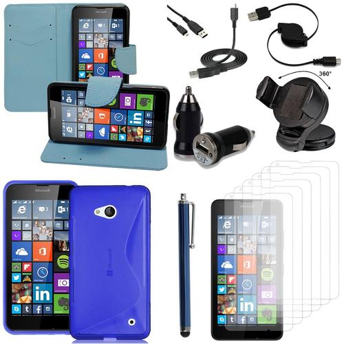 Microsoft Nokia Lumia 640 Lte/ 640 Lte Dual Sim/ 640 Dual Sim: Lot Etui Housse Coque Pochette Accessoires Silicone Gel Support Chargeur Voiture Films Stylet Portefeuille Support Video Cuir Pu Effet Tissu - Bleu