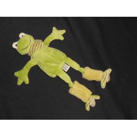 Doudou Peluche Grenouille Verte - Foulard Rayé - Longue Jambe  - H 30 Cm - Les Petites Marie 