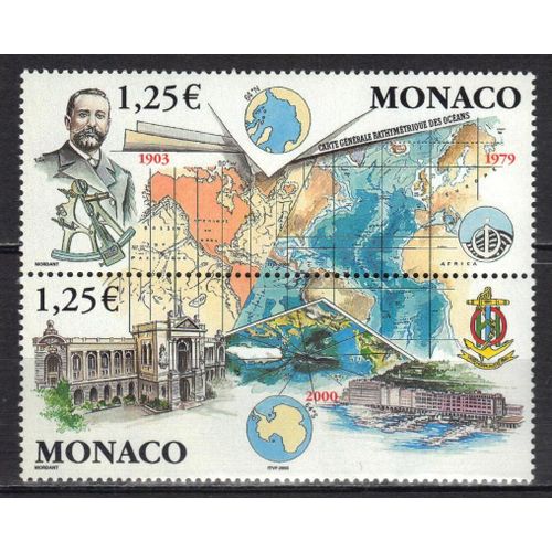 Monaco 2003 : Centenaire De La Gerco : Prince Albert 1er Et Cartes Générales Bathymétriques Des Océans/Musée Océanographique - Lot De 2 Timbres Neufs Attenants