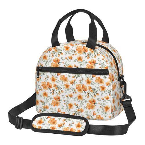 Sac à déjeuner Orange, nous, fleur porte-bonheur Sac besace à main avec sangle d'épaule, Sac Fourre-tout Réutilisable pour Enfant, Retour à l'école, Femmes, Garçon, Fille