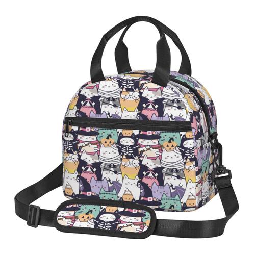 Sac à déjeuner Chats d'Halloween mignons Kawaii Sac besace à main avec sangle d'épaule, Sac Fourre-tout Réutilisable pour Enfant, Retour à l'école, Femmes, Garçon, Fille