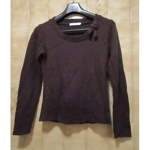 Pull Cache-Cache Marron, Taille 38 (Taille Réelle), Avec Petit Noeud Au Niveau Du Décolleté