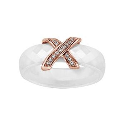 Bague Plaqué Or Rose Anneau Céramique Blanche Facettée 2 Barrettes Croisées Oxydes Micro Sertis Blancs