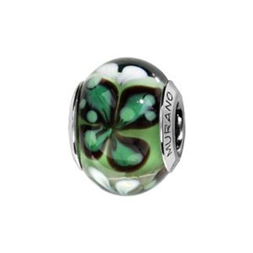 Charms Coulissant Argent Rhodié Verre De Murano Véritable Vert Motif Fleur