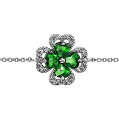 Bracelet Argent Rhodié Trèfle Pierre Verte Entourage Oxydes Blancs Sertis 16+2cm