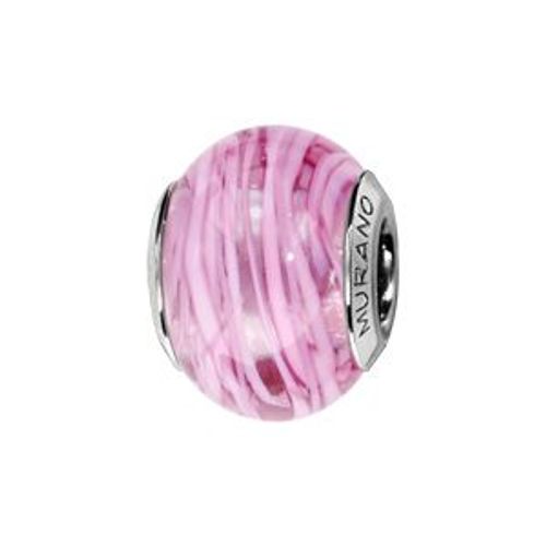 Charms Coulissant Argent Rhodié Verre De Murano Véritable Rose Avec Rainures