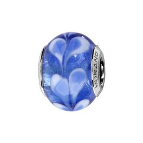 Charms Coulissant Argent Rhodié Verre De Murano Véritable Bleu Motif Fleur