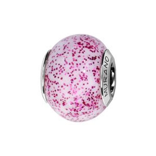 Charms Coulissant Argent Rhodié Verre De Murano Véritable Rose Paillettes Rose