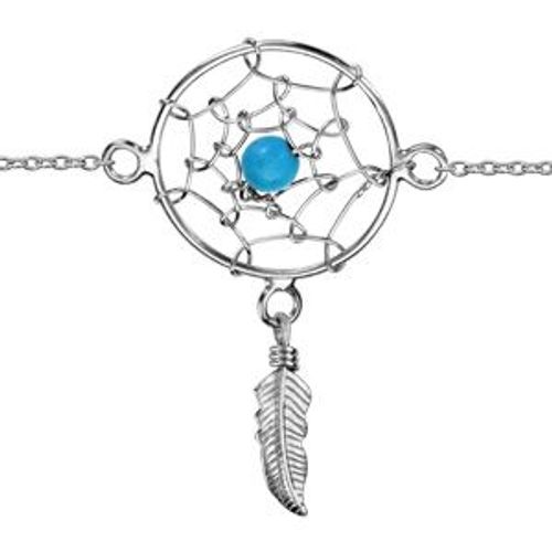 Bracelet Argent Rhodié Attrape Rêve 18mm 1 Boule Turquoise Et Plume 16+2,5cm