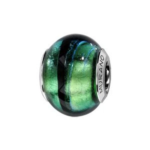 Charms Coulissant Argent Rhodié Verre De Murano Véritable Vert Reflet Bleu Filet Noir