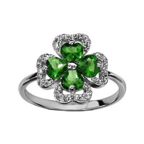 Bague Argent Rhodié Trèfle Pierres Vertes Entourage Oxydes Blancs Sertis