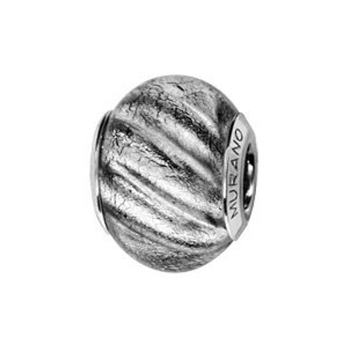 Charms Coulissant Argent Rhodié Verre De Murano Véritable Blanc Motifs Reflets Marron Pailletée Argentée