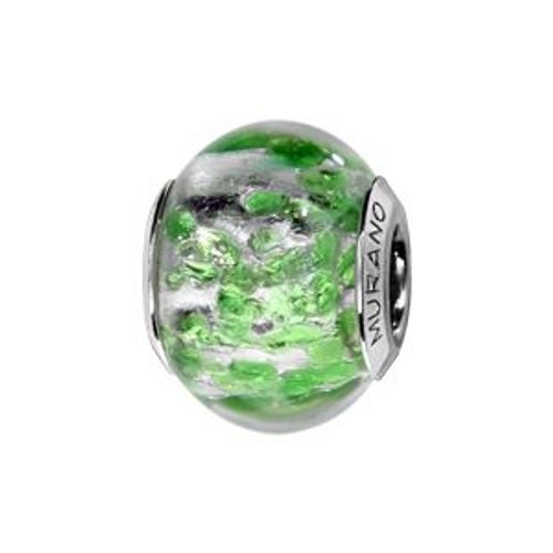 Charms Coulissant Argent Rhodié Verre De Murano Véritable Vert Éclat Argenté