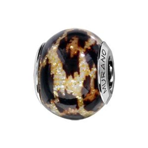 Charms Coulissant Argent Rhodié Verre De Murano Peau De Bêtes Jaune Pailleté Et Brun