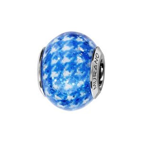 Charms Coulissant Argent Rhodié Verre De Murano Véritable Bleu Motif Vichy
