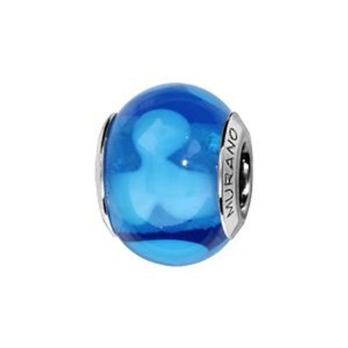 Charms Coulissant Argent Rhodié Verre De Murano Véritable Bleu Avec Fleur