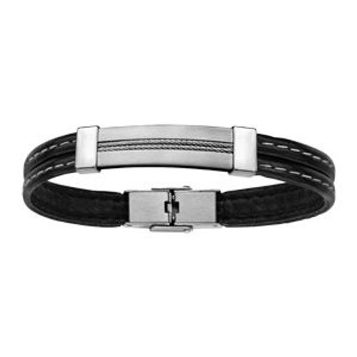 Bracelet Acier Et Cuir Noir Avec Plaque D'identité 20cm Réglable
