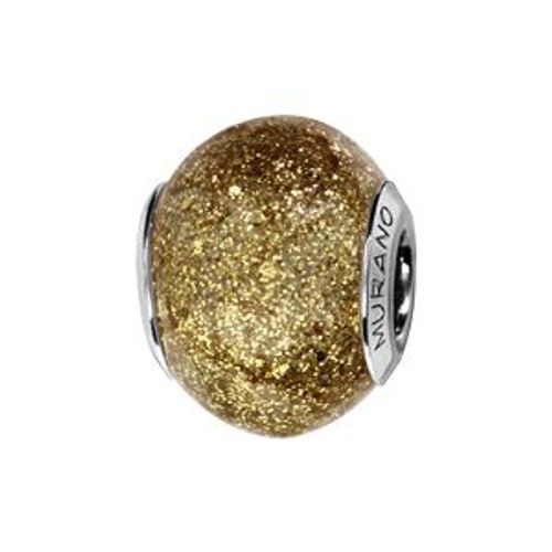 Charms Coulissant Argent Rhodié Verre De Murano Véritable Jaune Avec Paillettes