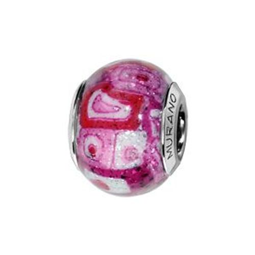 Charms Coulissant Argent Rhodié Verre De Murano Véritable Rose Motifs